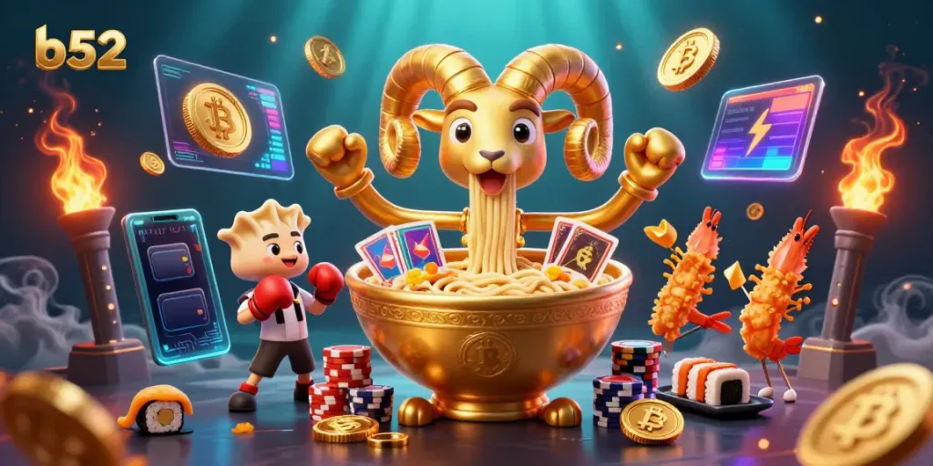 Engage with the vibrant b52 casino scene featuring 3D characters dealing cards and stacking chips.