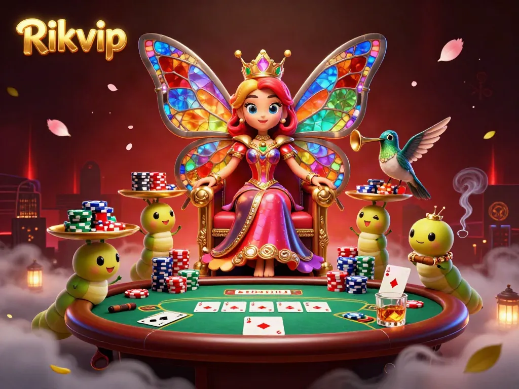 Engage in the vibrant world of Rikvip with a colorful 3D scene featuring poker elements and playful characters.