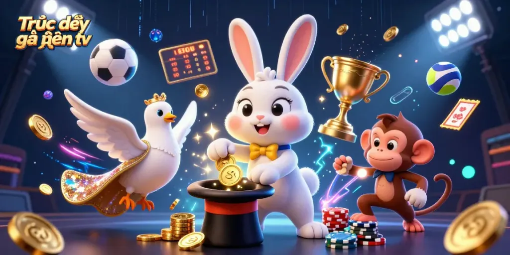 Watch Trực tiếp gà vàng tv with 3D characters showcasing a dynamic gambling scene filled with excitement.