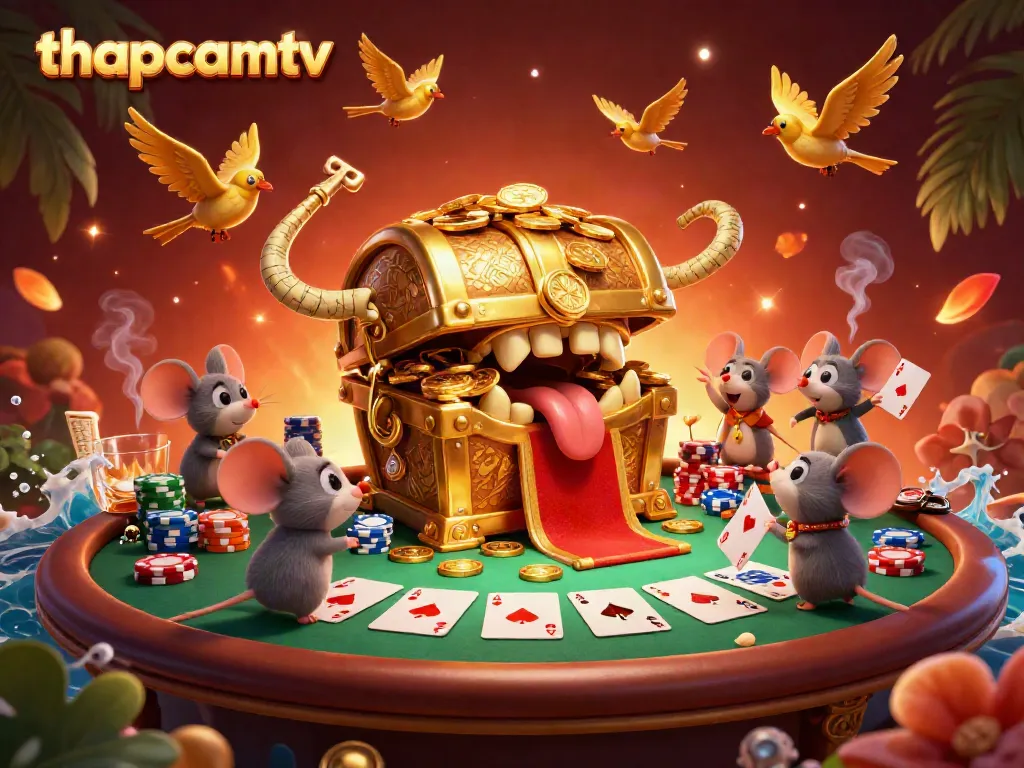 Experience thrilling winning with thapcamtv in a vibrant 3D casino scene showcasing dynamic poker action and luxurious treasures.