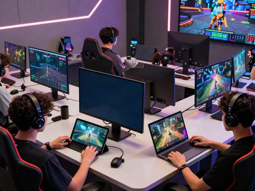 Gaming enthusiasts enjoying HITCLUB on various devices in an energetic setup.