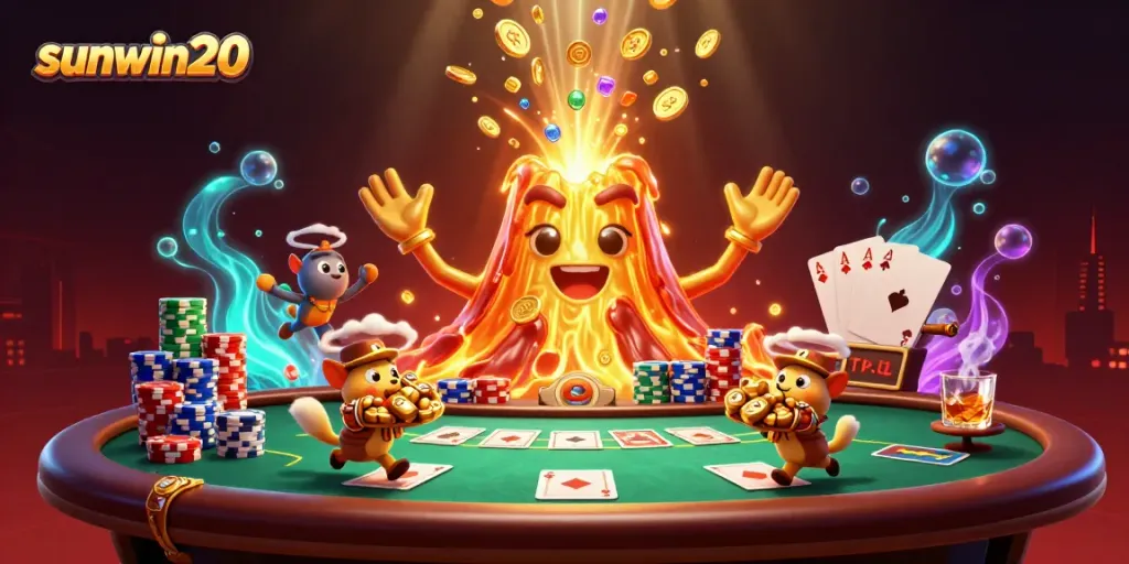 Experience thrilling gameplay at sunwin20 as a golden volcano erupts with treasure amid poker excitement.