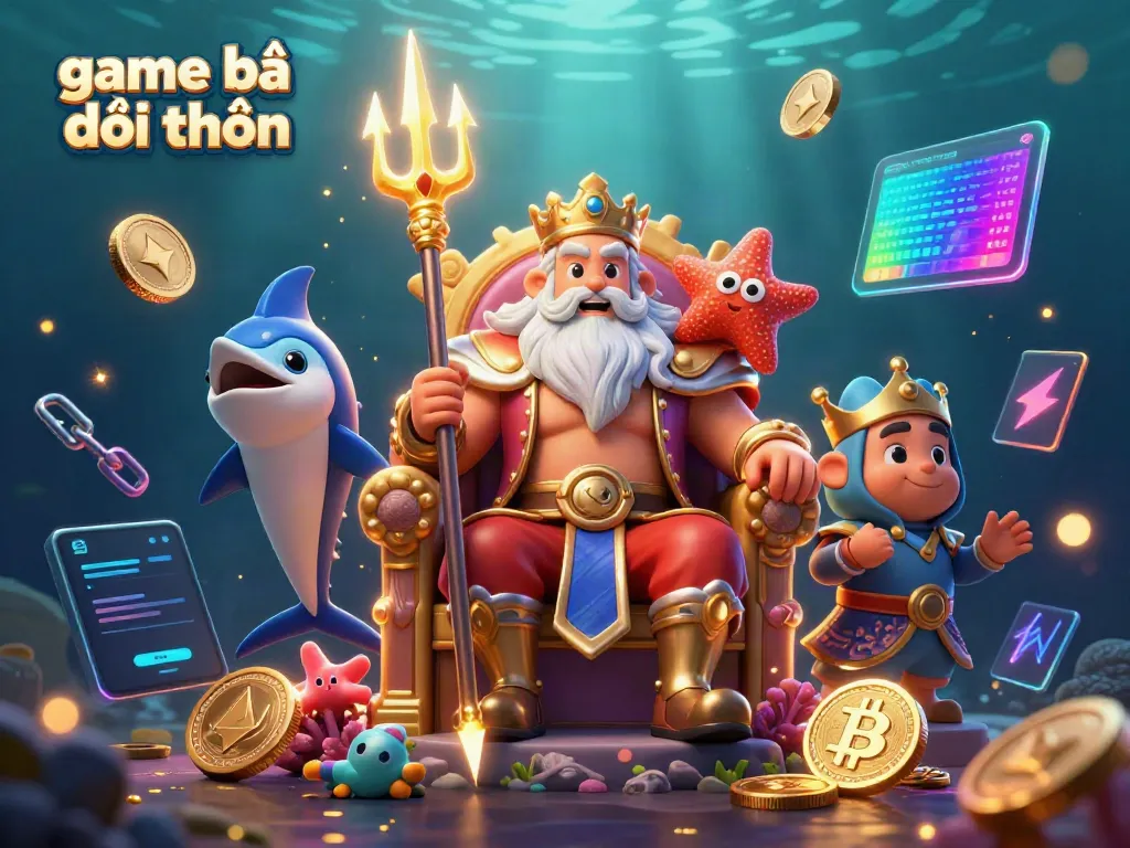 Experience the excitement of game bài đổi thưởng with Neptune and samurai, surrounded by crypto coins.