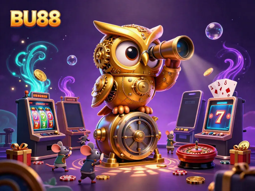Experience the excitement of BU88 with a whimsical golden owl and vibrant casino elements.