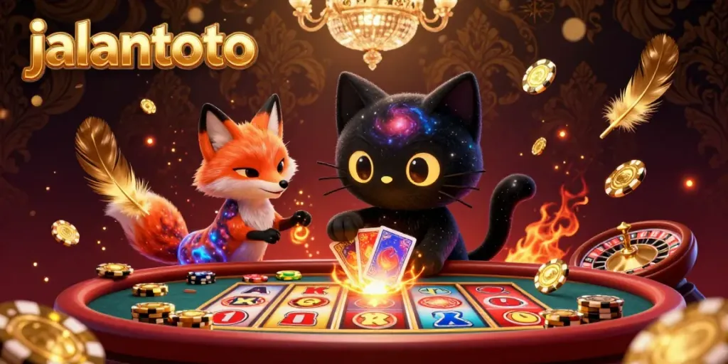 Engage with jalantoto's vibrant casino atmosphere featuring a cosmic black hole cat and a nebula fox.