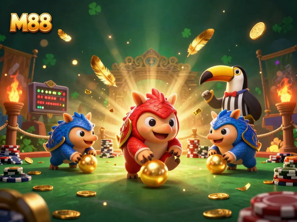 M88 pangolins competing in a vibrant casino-themed battle with poker chips.