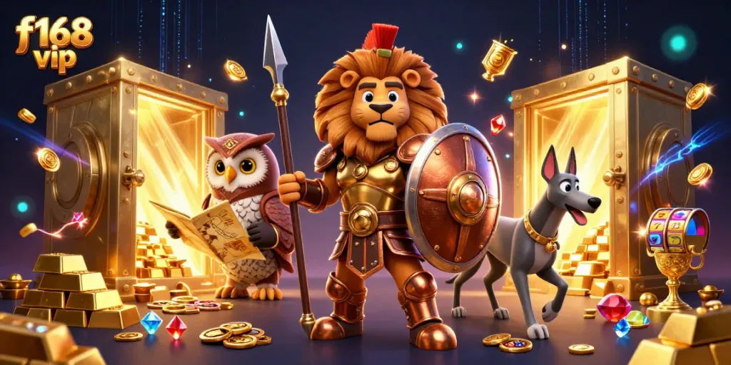 Engage in the exciting world of f168 vip with heroic characters amidst a dynamic casino scene.