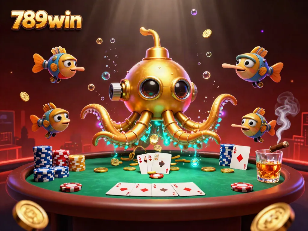 Engage in exciting gameplay with 789win, featuring a dynamic golden kraken submarine amidst poker elements.