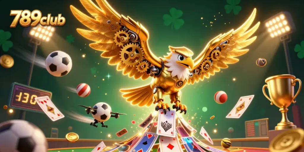 Engage in thrilling games at 789club with a dynamic scene of a cybernetic eagle among casino elements.