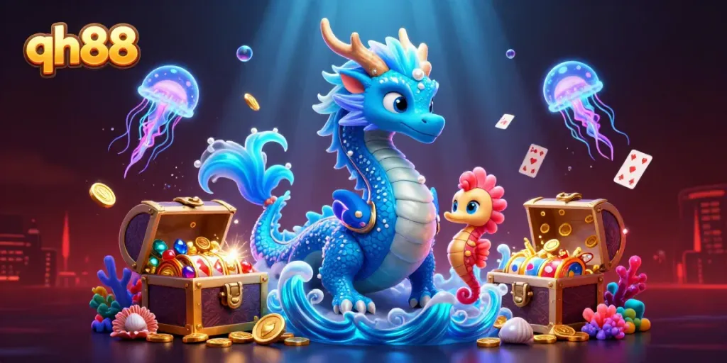 Engaging scene showcasing qh88 with a dragon and knight in a vibrant underwater casino atmosphere.