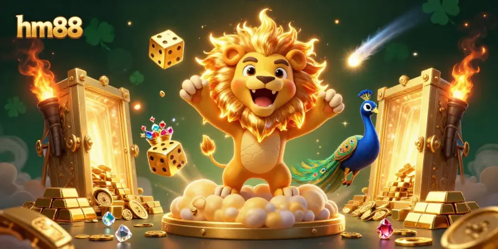 Experience the thrill of gambling with hm88 through a vibrant, dynamic 3D casino scene featuring a roaring lion and golden dice.
