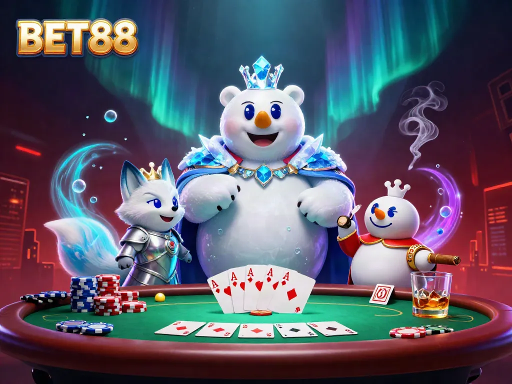Experience the excitement of BET88 with a vibrant 3D casino scene featuring poker and royal characters.