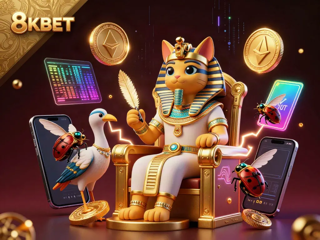 Engage with the vibrant 8KBET casino scene featuring an Egyptian pharaoh cat surrounded by crypto elements.