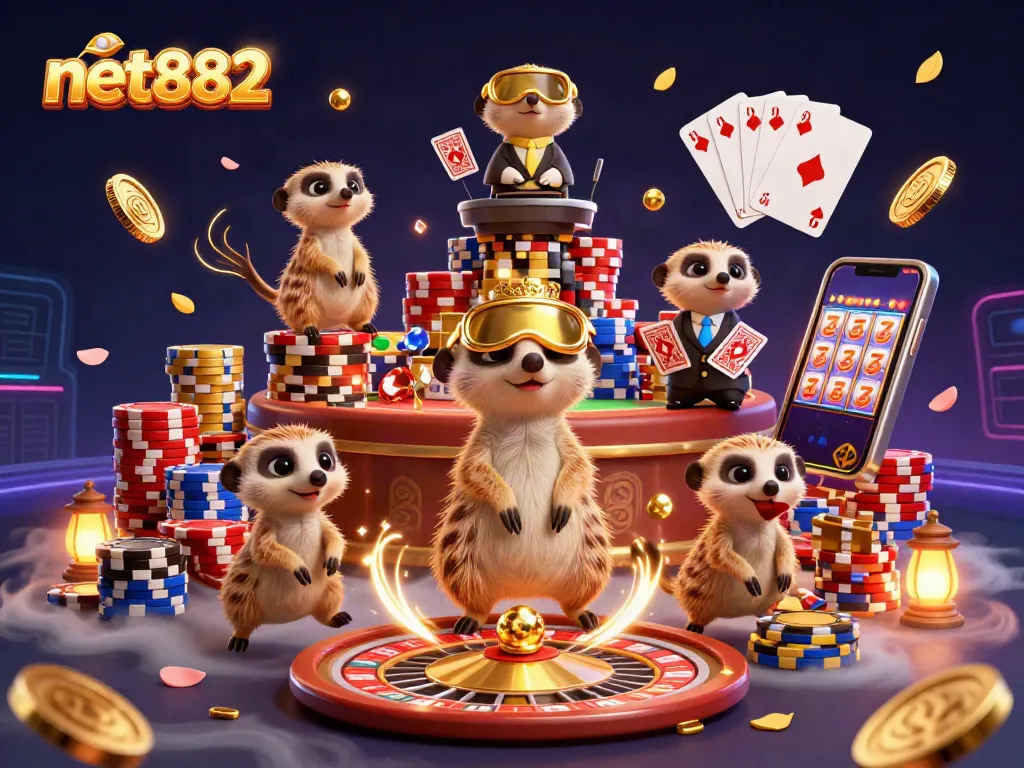 Net882 showcases a lively meerkat casino scene with dealers, chips, and golden coins.