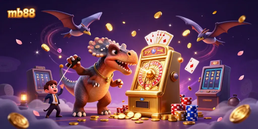 Experience the excitement of mb88 as a cartoon pachycephalosaurus jackpots on a golden slot machine, coins flying everywhere!