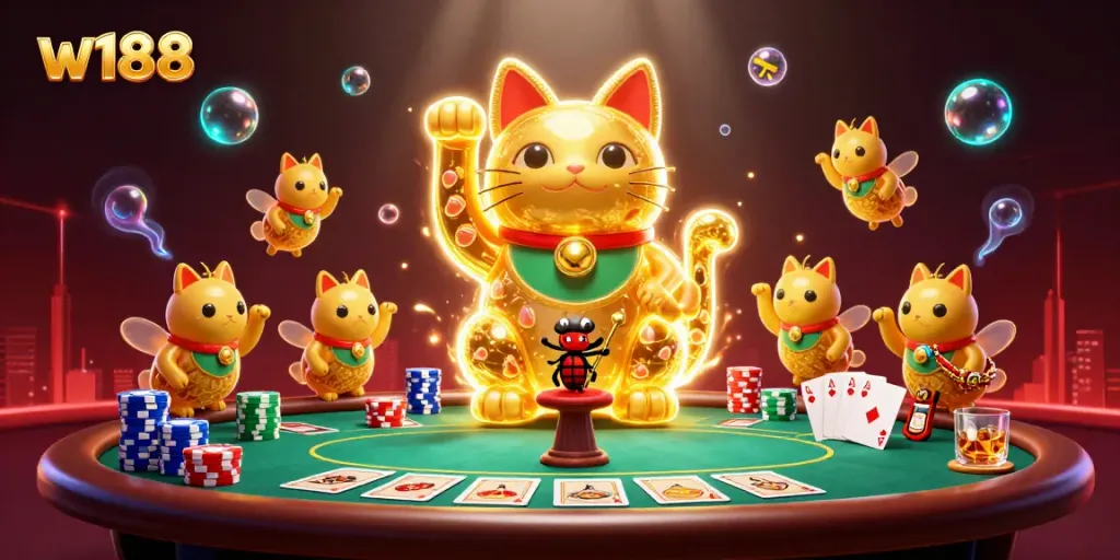 Experience the excitement of w188 with vibrant fireflies embodying casino symbols in a stunning 3D rendering.