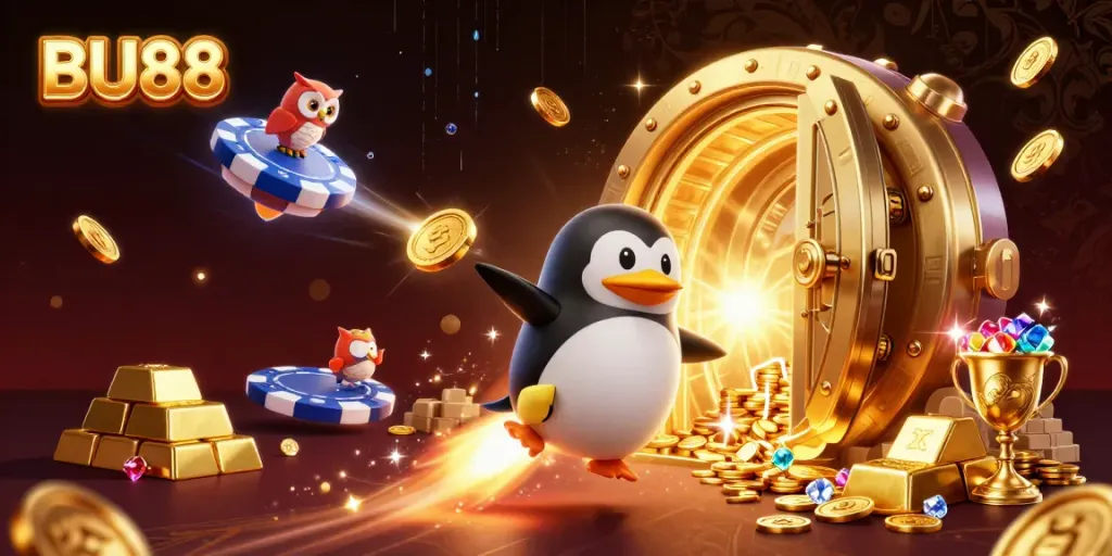 Experience the thrilling world of BU88 as a golden penguin blasts through space showcasing a vibrant casino adventure.