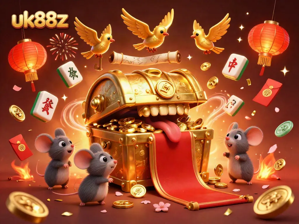 Adventurer mice are drawn to the uk88z treasure chest, surrounded by festive gambling elements.