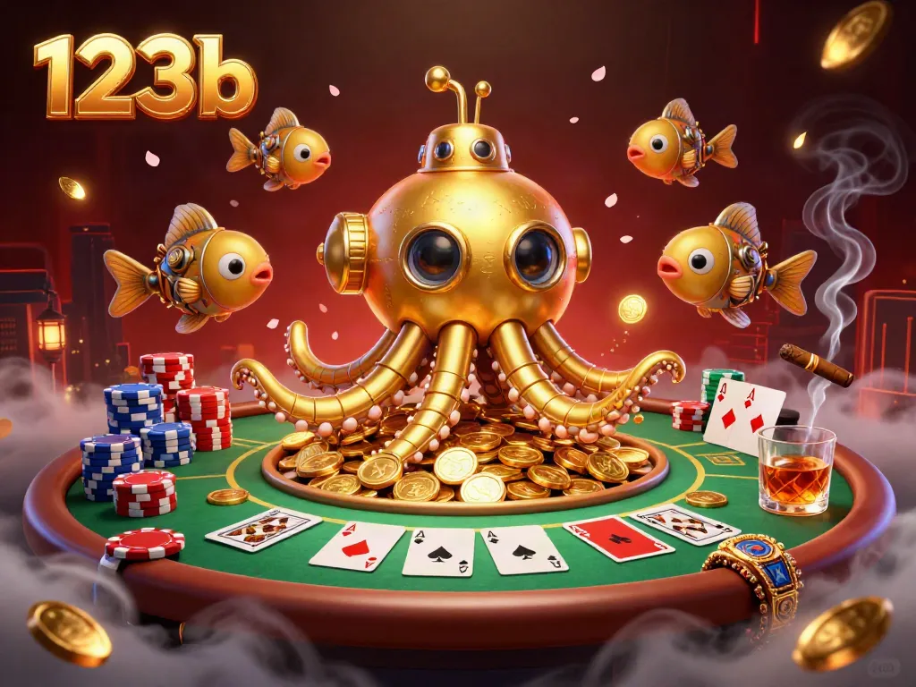 Engage in gambling adventure with 123b, featuring a kraken submarine and vibrant poker elements.