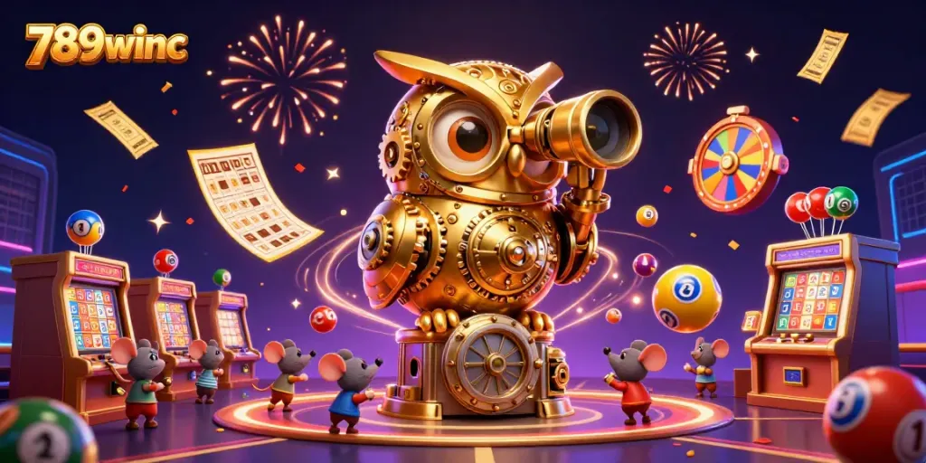 Engage in thrilling gameplay at 789winc with a whimsical golden owl, casino elements, and vibrant colors.