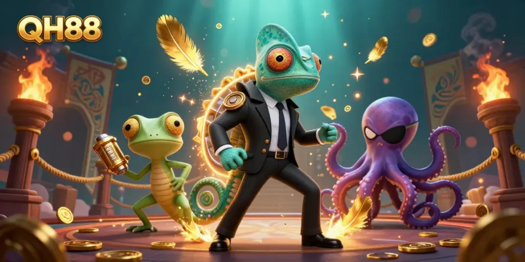 Experience thrilling gaming with QH88, featuring vibrant characters and rich casino elements.