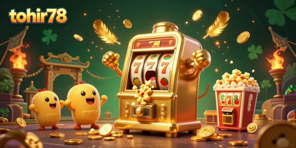 Witness the thrilling action of tohir78 as a golden slot machine hits the jackpot, showered with coins.