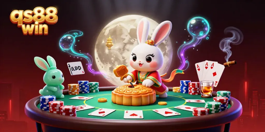 Experience the thrill of qs88 win with an enchanting scene of a moon rabbit and poker chips.