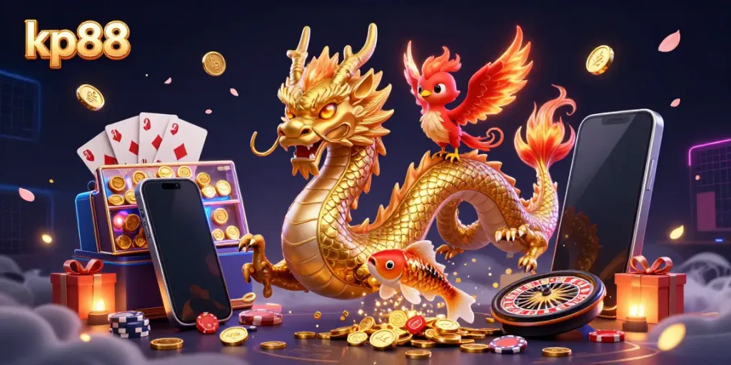 Experience exciting gaming at kp88 with a dragon and phoenix amidst coins and casino symbols.