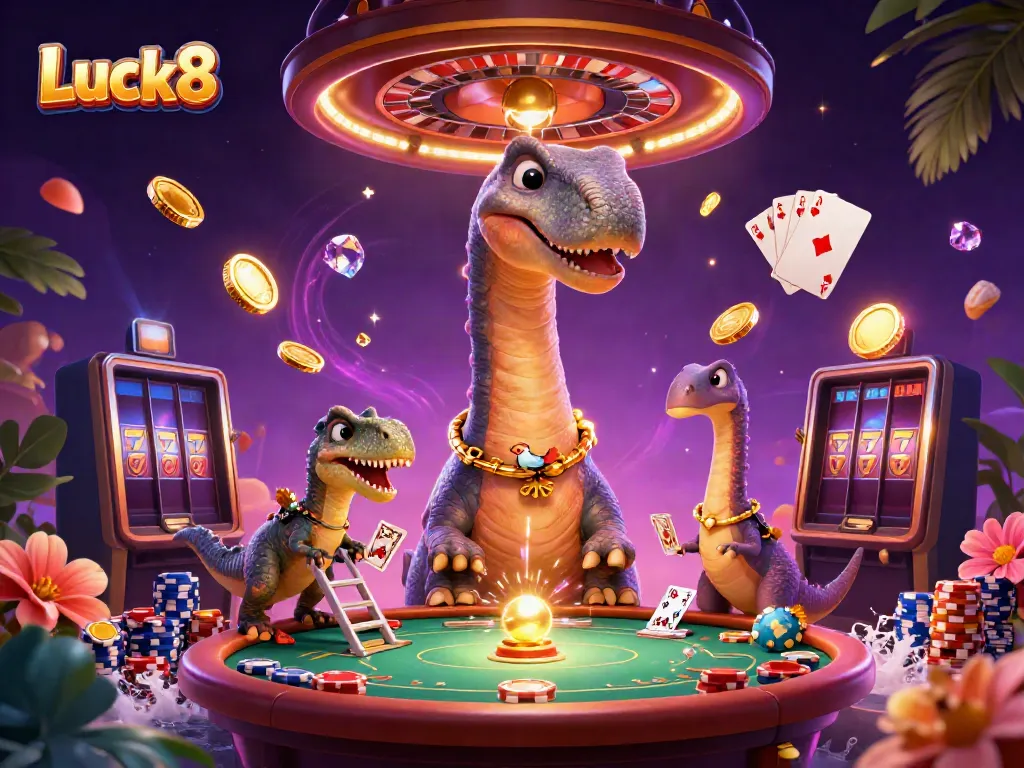 Experience Luck8 with vibrant casino elements featuring a towering brontosaurus and dynamic gaming action.