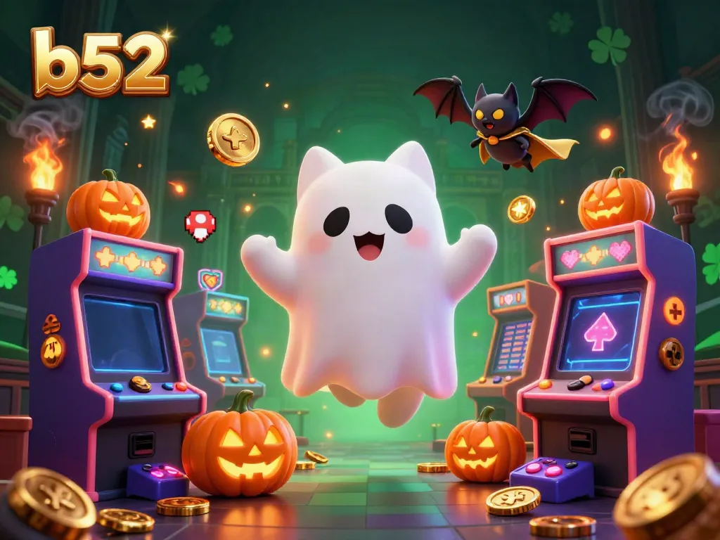 Play the exciting b52 casino games surrounded by a ghost cat and fun gaming elements in this vibrant illustration.