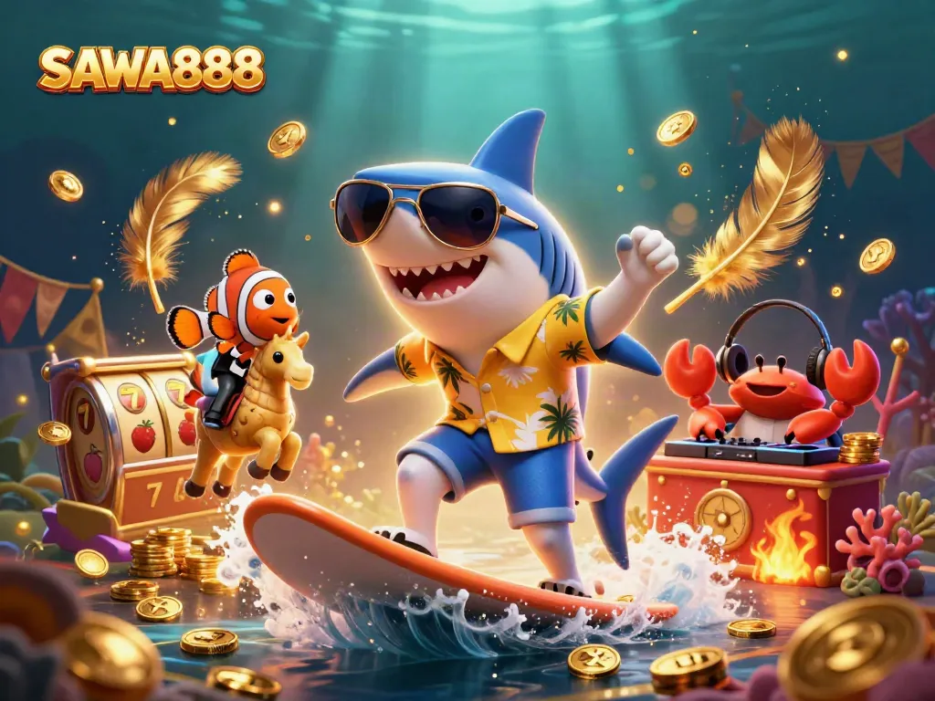 Catch the excitement with SAWA888, as a shark surfs on gold coins amidst vibrant casino elements.