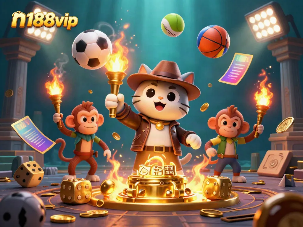 Experience the thrill of n188vip with a vibrant 3D depiction of a cartoon archaeologist cat in a casino treasure temple.