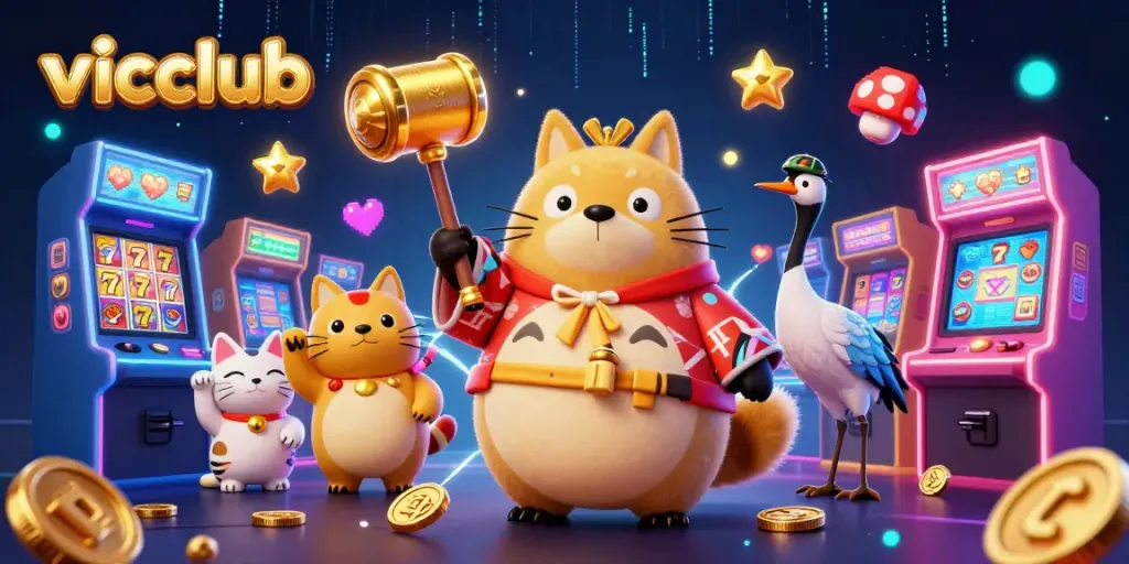 Spin the slots at vicclub with a cheerful tanuki and lucky charm companions!