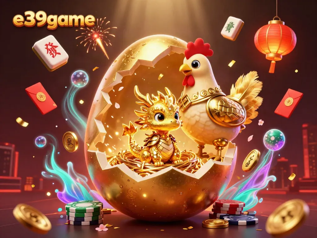 Experience excitement at e39game with a golden dragon emerging among poker chips and festive symbols.