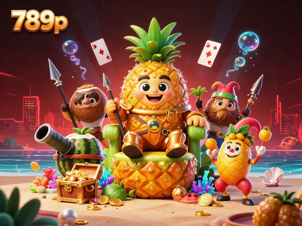 Experience vibrant gaming with 789p in a lively casino scene featuring a golden pineapple king and tropical characters.