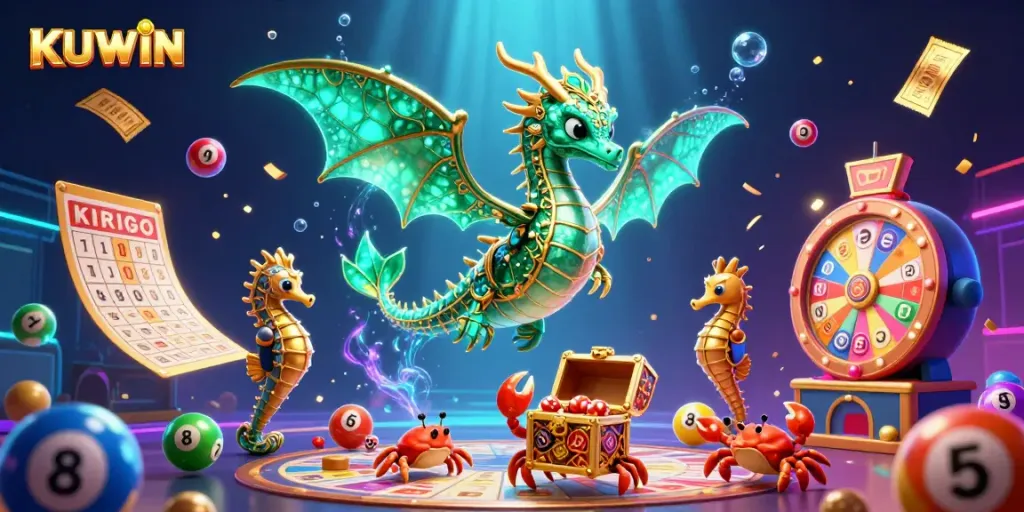 Kuwin showcases a vibrant 3D scene featuring a sea dragon, colorful lottery elements, and a treasure chest for an exhilarating gaming experience.