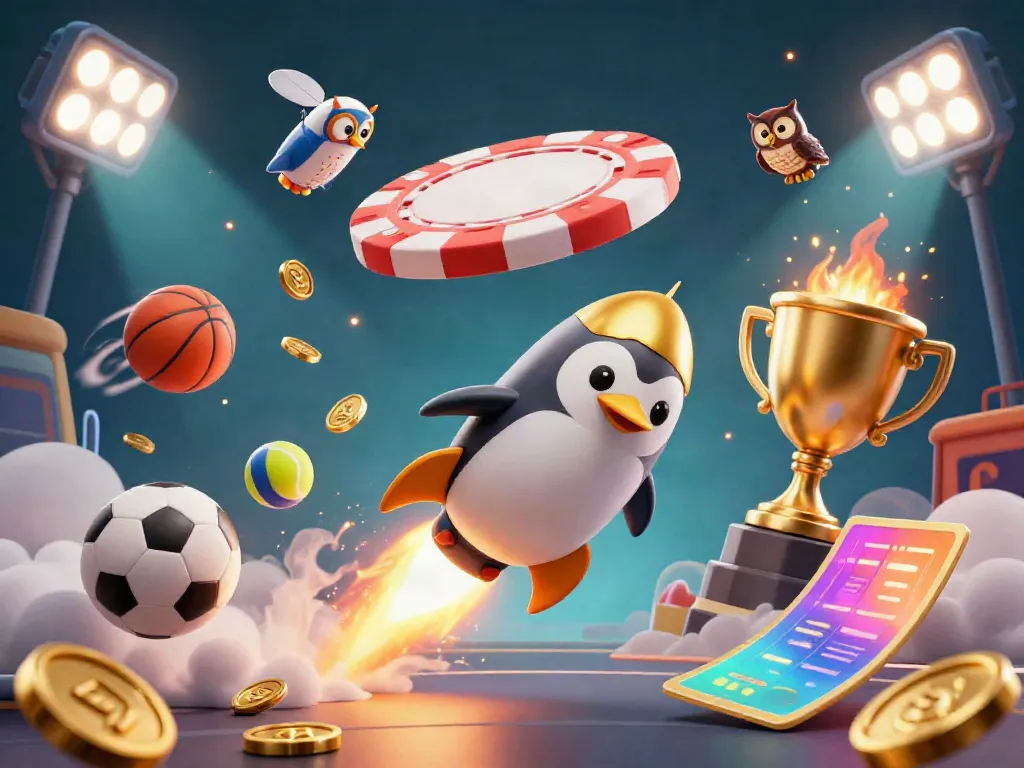 Experience the thrilling B52CLUB adventure as a golden penguin rockets toward a casino-shaped poker chip.