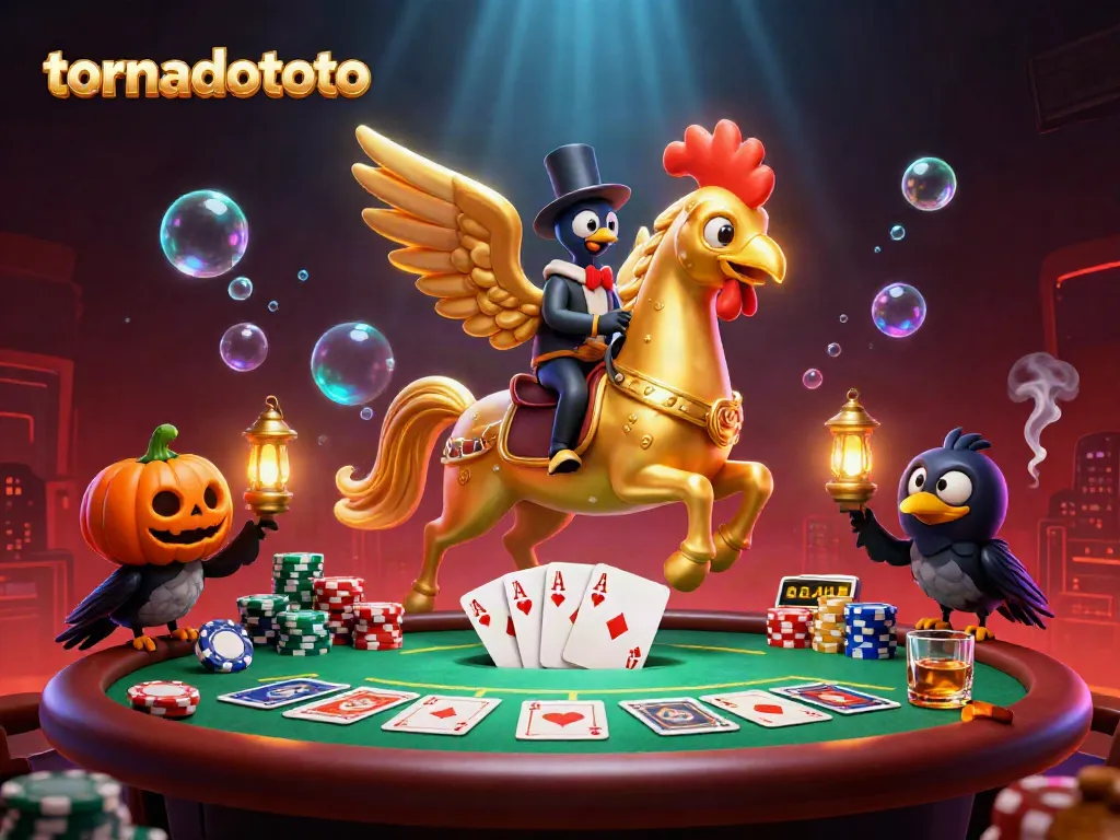 Experience the excitement of tornadototo with a golden rooster and friends in a vibrant casino scene.