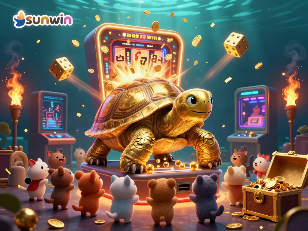 Engage in thrilling games at sunwin's vibrant casino scene featuring a playful golden tortoise and dynamic slot machine.