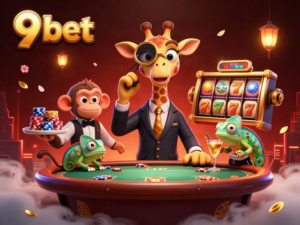 Engage with the vibrant world of 9 bet at a lively VIP casino scene featuring a high-roller giraffe.