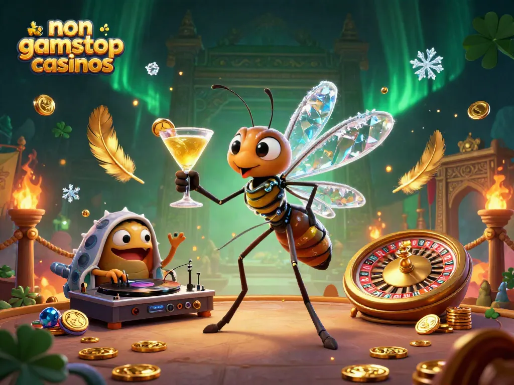 Experience action at non gamstop casinos with lively characters, golden coins, and casino elements.