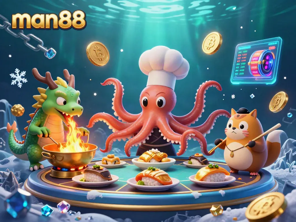 Experience vibrant gambling action with man88's engaging online slots, featuring a colorful octopus chef in a dynamic scene.