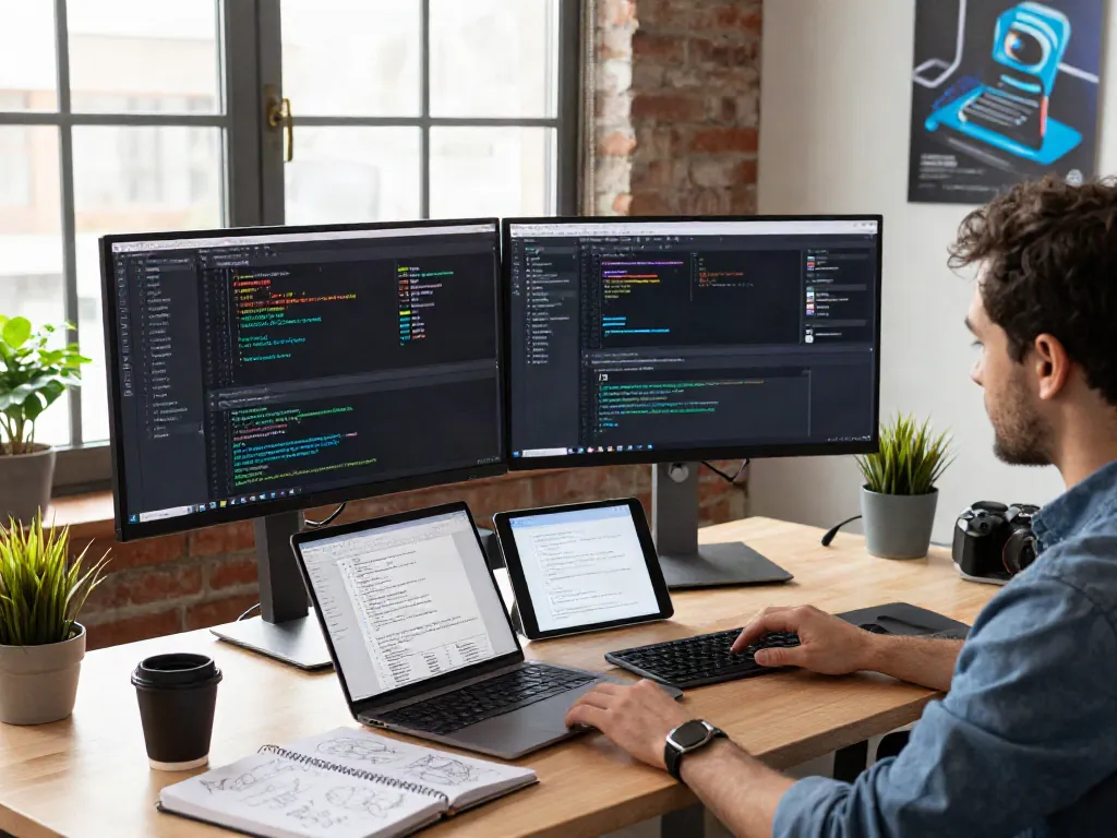 Developer coding in an innovative tech workspace, highlighting istana404 concepts.