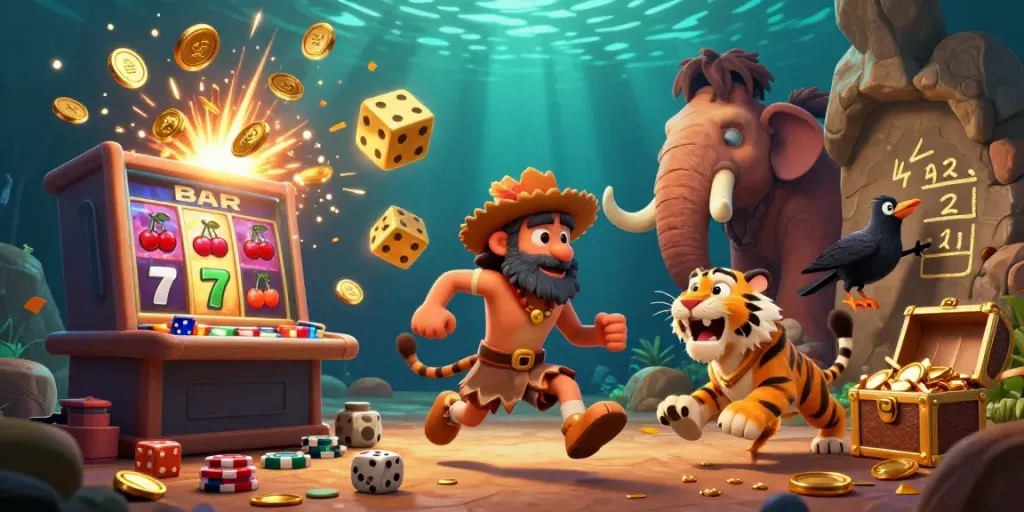 Experience thrilling action at Link TN88 with cavemen and a tiger in a vibrant casino setting.