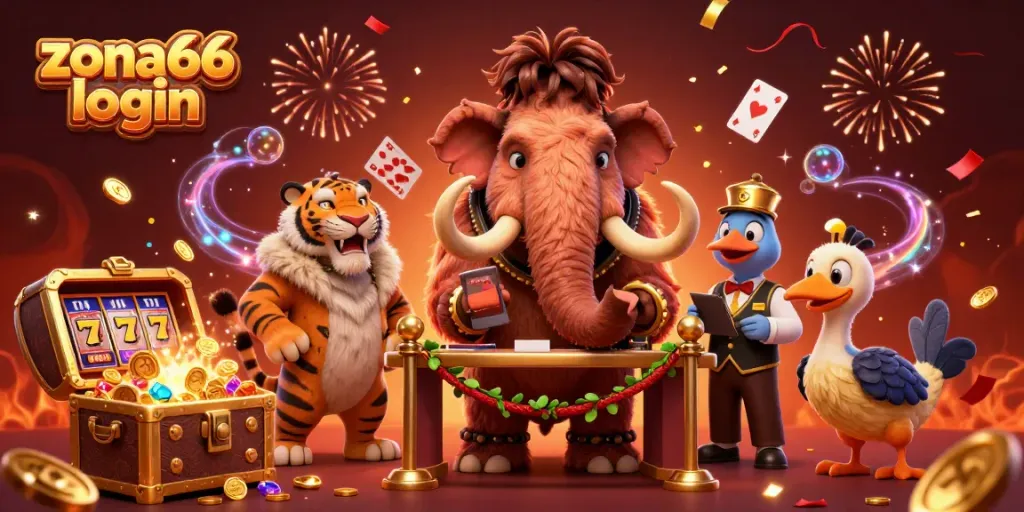Experience the excitement of gaming with zona66 login, featuring a woolly mammoth bouncer and vibrant casino elements.