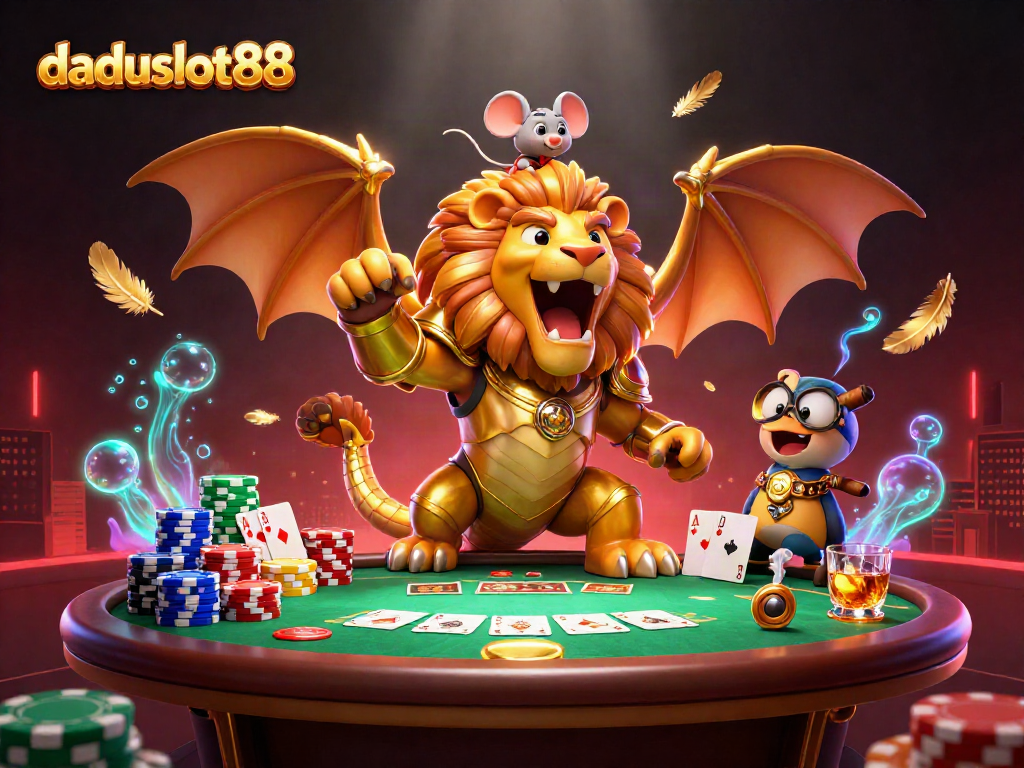 daduslot88 menampilkan ilustrasi kasino yang penuh petualangan, dengan chimera dan mouse joki yang berani
