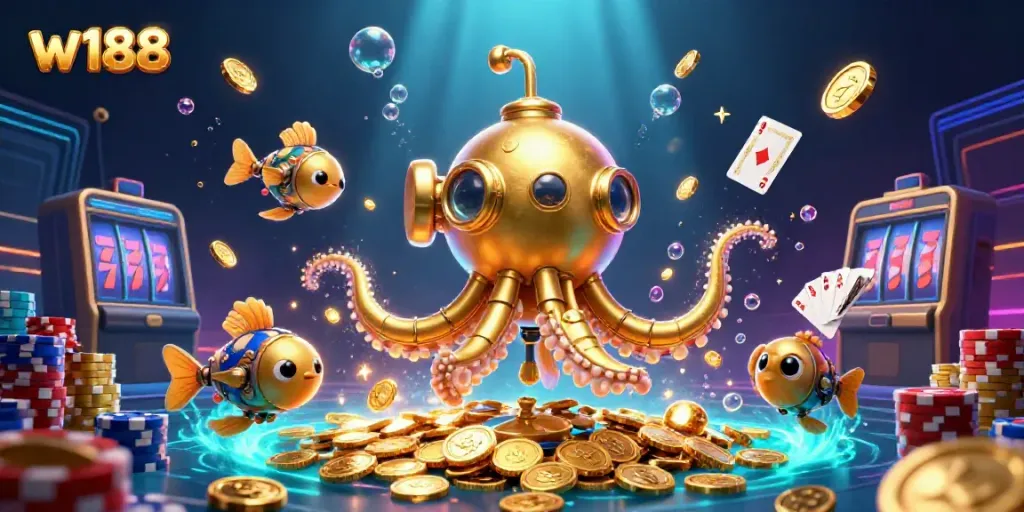 Experience thrilling gaming with w188's golden kraken emerging amidst coins and casino elements.