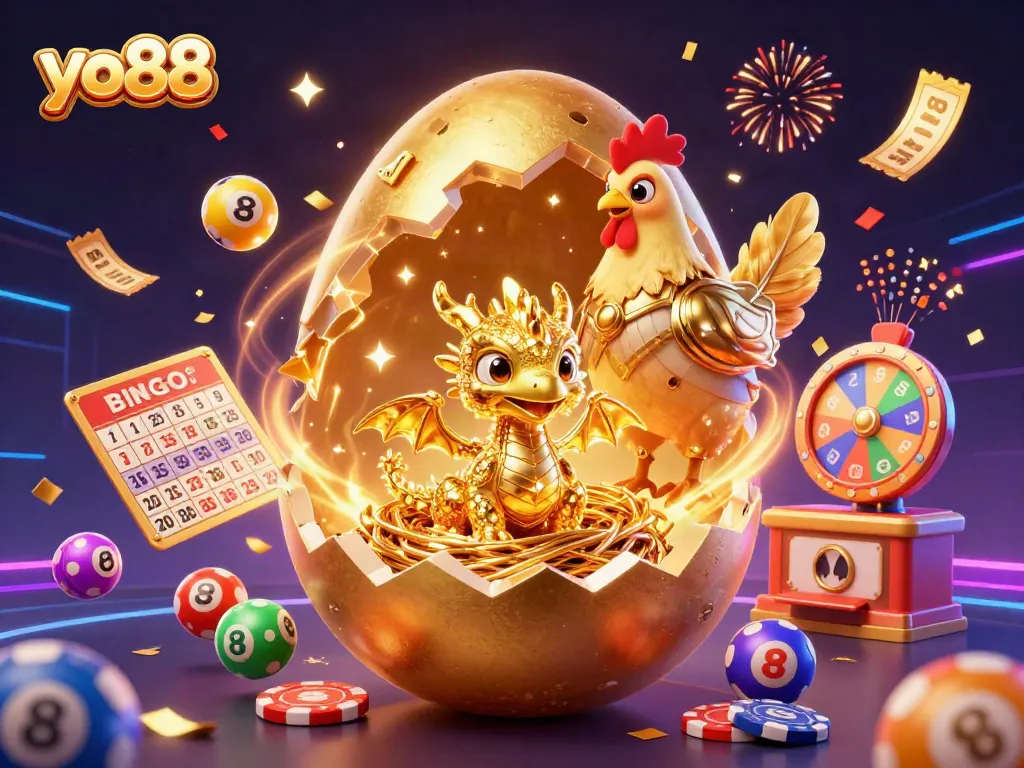 Experience the excitement at yo88 with golden rewards, poker chips, and vibrant lottery balls.