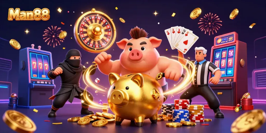 Experience thrilling gaming action with Man88 as a golden piggy bank sumo wrestler stirs excitement.