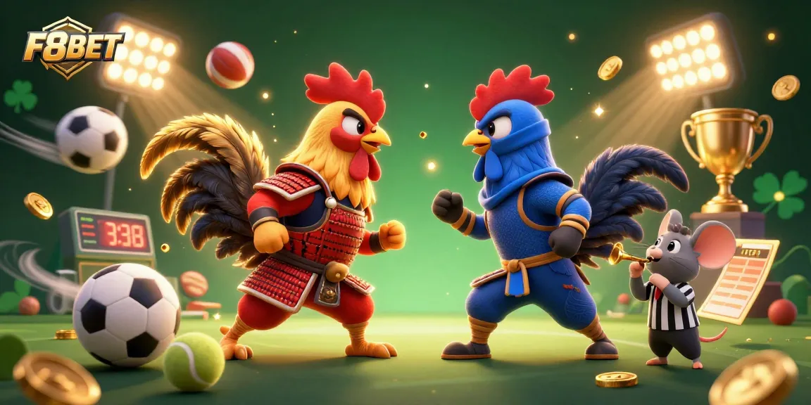 Engage with F8BET in a thrilling showdown between samurai and ninja roosters amidst dynamic sports elements.